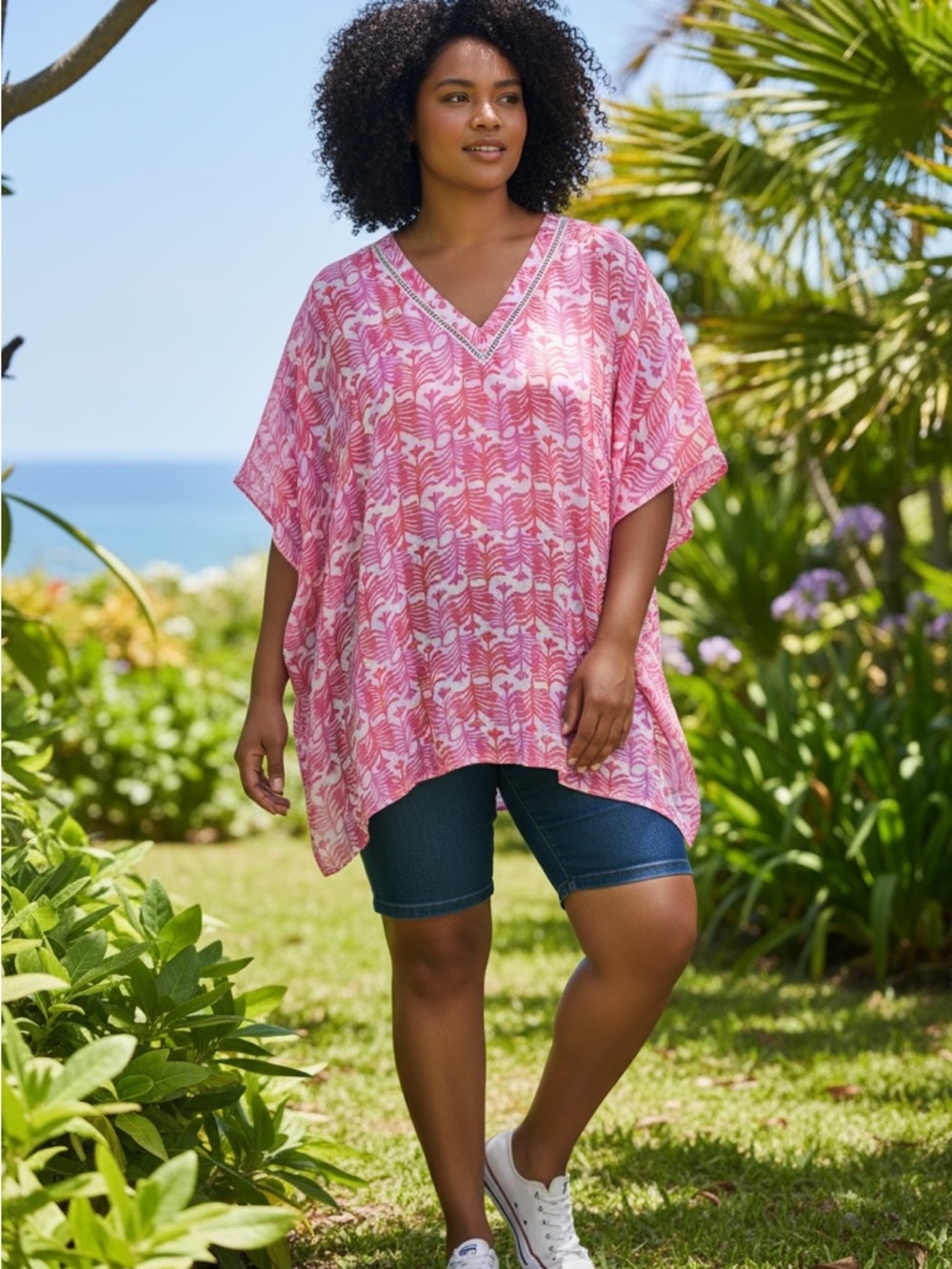 #35 TAHARI Pink Patterned V-Neck Women’s Top  size XL